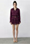 Women's Plum Leopard Patterned Satin Textured Lace Detailed Belted Flounce Dress 7575 60286038 - 4