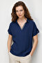 Women's Embroidered Collar Low-Sleeve Combed Cotton Blouse Navy Blue - 2