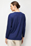 Women's Round Neck Collar Chain Trim Combed Cotton Blouse Navy Blue - 3
