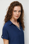 Women's Embroidered Collar Low-Sleeve Combed Cotton Blouse Navy Blue - 4