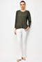 Women's Crew Neck Embroidered Collar Edge Combed Cotton Blouse Khaki - 5