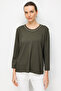 Women's Crew Neck Embroidered Collar Edge Combed Cotton Blouse Khaki
