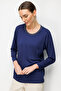 Women's Round Neck Collar Chain Trim Combed Cotton Blouse Navy Blue
