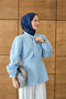 Women's Scarf Collar Detail Short Shirt Blue - 5