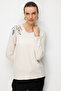 Women's Crew Neck Embroidered Combed Cotton Blouse Beige