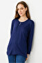Women's Crew Neck Long Sleeve Combed Cotton Blouse Navy Blue - 5