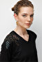 Women's V-Neck Shoulder Embroidered Combed Cotton Blouse Black - 2