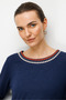 Women's Round Neck Two-Color Embroidered Stone-Embellished Combed Cotton Blouse Navy Blue - 2