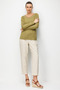Women's Crew Neck Two-Color Embroidered Stone-Embellished Combed Cotton Blouse Khaki - 2