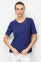 Women's Round Neck Double Striped Stoned Combed Cotton T-Shirt Navy Blue