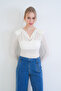 Ecru Degaje Collar Padded Transparent Knitted Blouse Alc-X15335 - 2