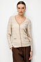 Women's V-Neck Small Diamond Patterned Fine Knit Cardigan Beige - 2