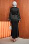 Black Satin Evening Dress with Stone-Embellished Sleeves and Waist Belt - 5