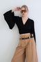 Women's Black Double-Breasted Collar Spanish Sleeve C Cropped Blouse Alc-X15427 - 5