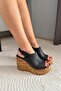 Women's Pure Black 10 cm Padded Written Cork Sole Shoes - 3