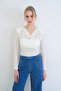 Ecru Degaje Collar Padded Transparent Knitted Blouse Alc-X15335 - 3