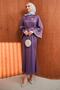 Lilac Satin Evening Dress with Stone-Embellished Sleeves and Waist Belt - 3