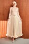 Beige Stone Detailed Satin Pleated Evening Dress
