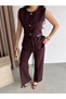 Round Neck Buttoned Belt Accessories Included Lined Vest Set Front Pleated Pocketed High Waist Trouser Suit - 4