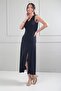 Women's Front Back V-Neck Front Slit Stretch Fabric Long Dress - 3