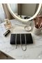 Women's Black Wallet and Silver Color Baguette Stone Necklace-Bracelet Set, Vegan Leather , Hand-Banded, Gift