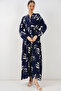 Women's Patterned Long Hijab Dress 2585 - Dark Navy Blue