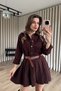 Bitter Brown Snap Fastener Skirt Pleated Belt Pcs Gabardine Shirt Dress