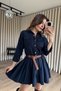 Navy Blue Snap Fastener Skirt Pleated Belt Pcs Gabardine Shirt Dress - 2