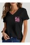 Women's Heart Printed V-Neck Sleeved Regular Fit T-Shirt