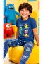 Navy Blue Color Cute Monsters Themed Cuffed Cuff Crew Neck Boys' Pajama Set