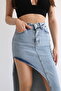 Women's High Waist Deep Slit Long Denim Skirt Light Blue Trend Denim Bnj-428 - 3