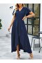 Women's Short Sleeve Double-Breasted Collared Front Asymmetrical Ruffled Long Imported Crepe Dress - 3