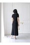 Women's Black Corded Fabric Long Striped Detail Polo Collar Knit Dress - 5