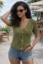 Women's V-Neck Short Sleeve Buttoned Lace-Like Knit Knit Relaxed Cut Khaki Knitwear Cardigan - 5