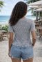 Women's Short Sleeve Buttoned V-Neck Lace-Like Knit Relaxed Cut Trend Gray Knitwear Cardigan - 3