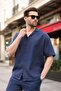 Navy Blue 100% Cotton Piece Men's Shorts and Shirt Set E7360 - 5