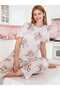 Pink Striped Teddy Bear Pattern Cute Comfortable Crew Neck Milan Fabric Spring Women's Pajama Set