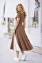 Women's Short Sleeve Asymmetrical Collar Button Detailed Midi Viscose Dress - 3