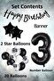 Black Concept 3Rd Birthday Celebration Set; White Balloon with Black Confetti, Number Star Foil, and Bann. - 3
