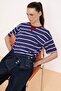 Lacivert Çizgili Oversize/Geniş Kalıp Kısa Kollu Uzun Tok Pamuklu Örme T-Shirt TWOSS26TS00051 - 4