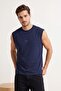 Navy Blue Oversized /Wide Cut Puffy Lettering Printed Labels Zero Sleeve T-Shirt/Undershirt Tmnss24Al00005