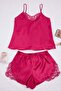 Fuchsia Lace Rope Strap Woven Pajama Set with Satin Shorts Thmaw21Pt0843 - 2