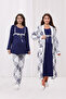 Navy Blue Patterned Cotton Winter Long Sleeve Maternity Pajamas Set and Nightgown 4-Piece Set
