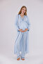 Blue Piping Design Cotton Long Sleeve Maternity Pajama Set with Dressing Gown 3-Piece Pajama Set