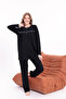 Women's Black Ribbed Long Sleeve Cotton Plus Size (Oversized) Pajama Set - 4