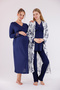 Navy Blue Patterned Long Sleeve Cotton Maternity Pajama Set and Nightgown 4-Piece Set