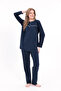 Women's Navy Blue Piped Long Sleeve Cotton Plus Size (Oversize) Pajama Set - 4