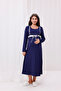 Navy Blue Plaid Long Sleeve Maternity Nightgown with Breastfeeding Feature - 2