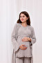 Beige Wrap-Around Long Robe with Nursing Feature, Maternity and Postpartum Pajama Set, 3-Piece Set