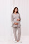 Beige Wrap-Around Long Robe with Nursing Feature, Maternity and Postpartum Pajama Set, 3-Piece Set - 8